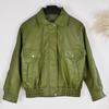 Womens Green Faux Leather Jacket With Turn-Down Collar Loose Fit Street Style Outerwear Fall Winter