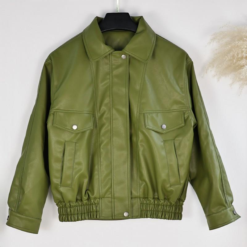 Womens Green Faux Leather Jacket With Turn-Down Collar Loose Fit Street Style Outerwear Fall Winter