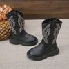 Children Leather Boots Classic Cowboy Embroidery Girls Long Booties Kids Winter Round Toe Soft Snow Shoes Fashion Snow Boots