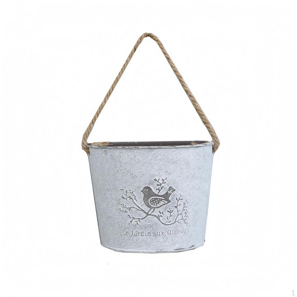 Hanging Flower Pot Distressed White Iron Bird Motif Metal Bucket Planter