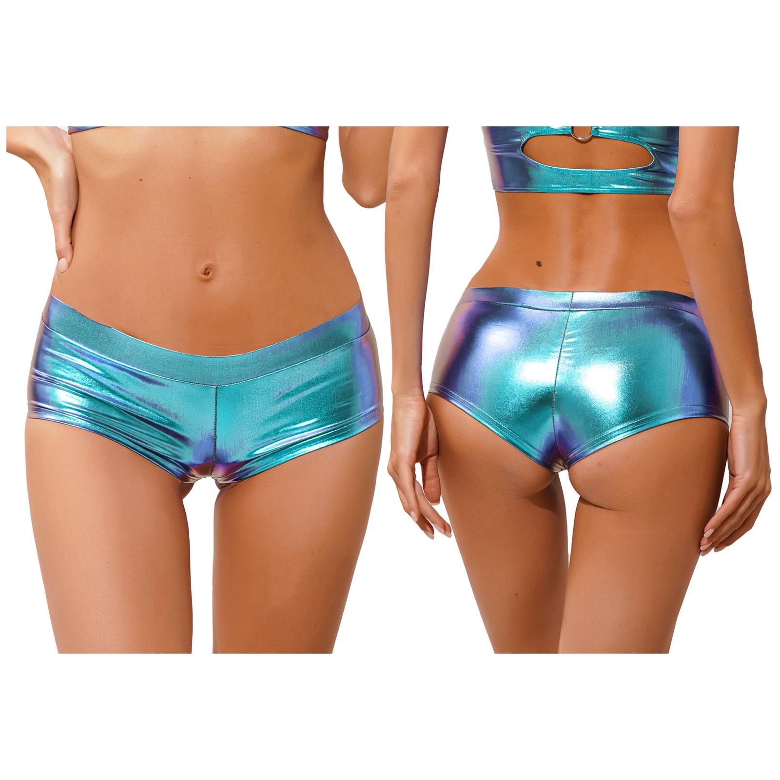 

Жіночі модні блискучі штучні шкіряні гарячі шорти з низькою талією для танцювальних фестивальних костюмів M синій