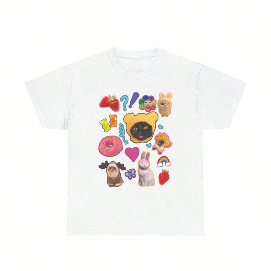 Cross-border Bestseller Lazy Style Sweet Cool Cat Print Couple T-shirt Men Women Hip Hop Streetwear L белый