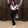 2025 European Style Color Block Sportswear Set: Stylish High-Waisted Long Pants & Casual Patchwork Two-Piece Ensemble.