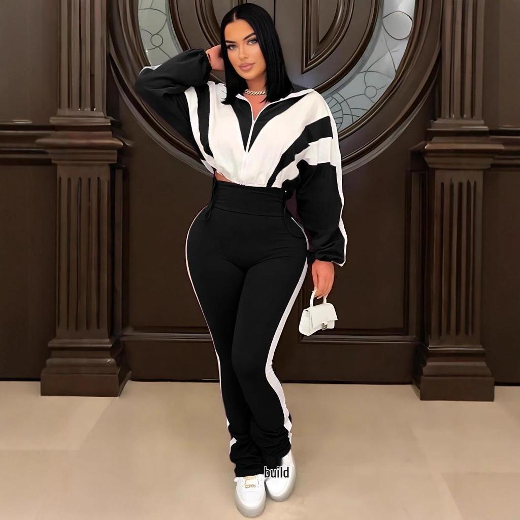 2025 European Style Color Block Sportswear Set: Stylish High-Waisted Long Pants & Casual Patchwork Two-Piece Ensemble.
