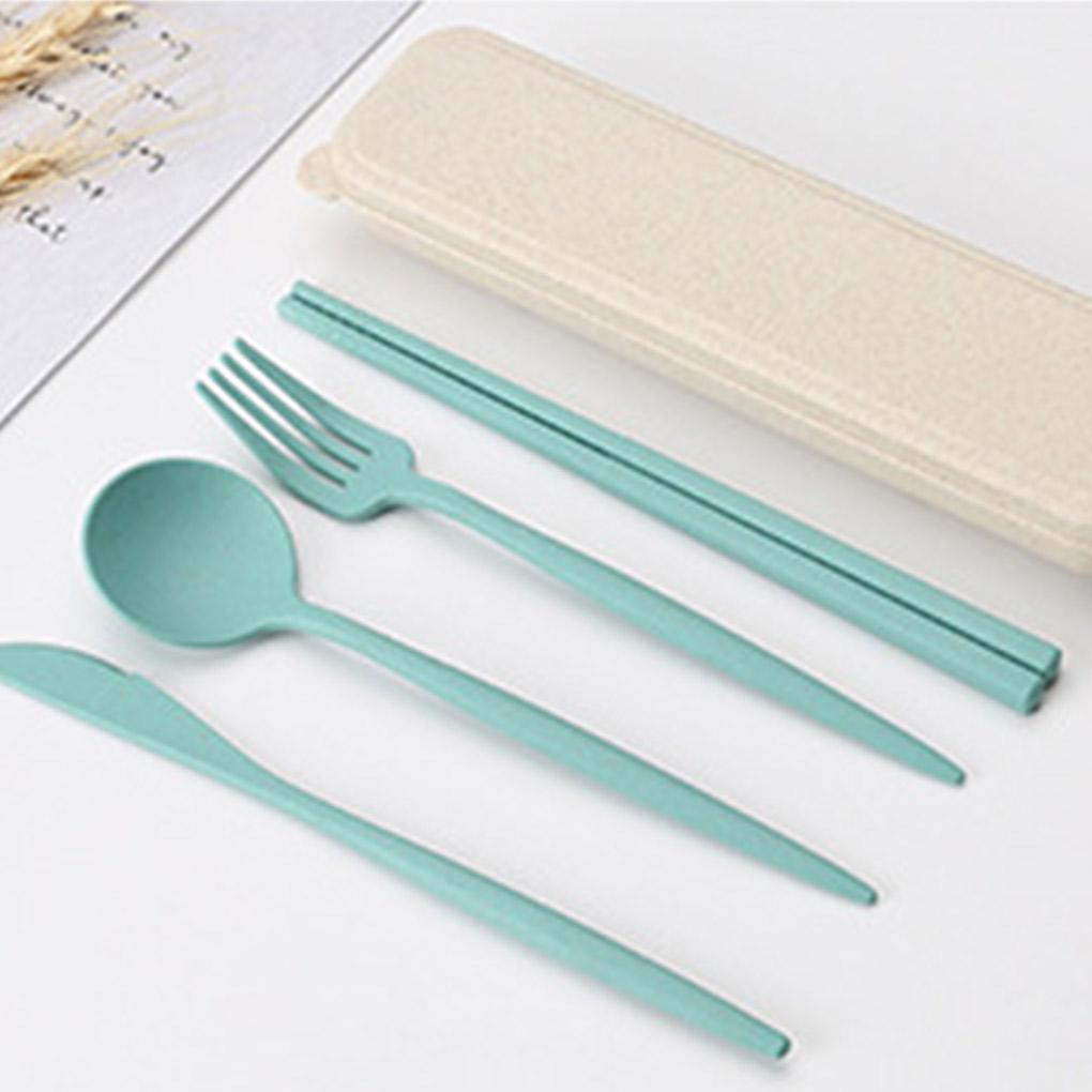 4dílná jídelní sada, sláma, vidlička, hůlky, lžíce, přenosná s úložným boxem