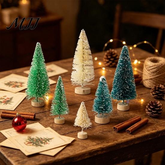 Small Pine Tree for Decor Mini Christmas Bottle Brush Tree, Artificial Miniature Tiny Sisal with Festive Party Ornament Wooden Base, Winter Snow Frost