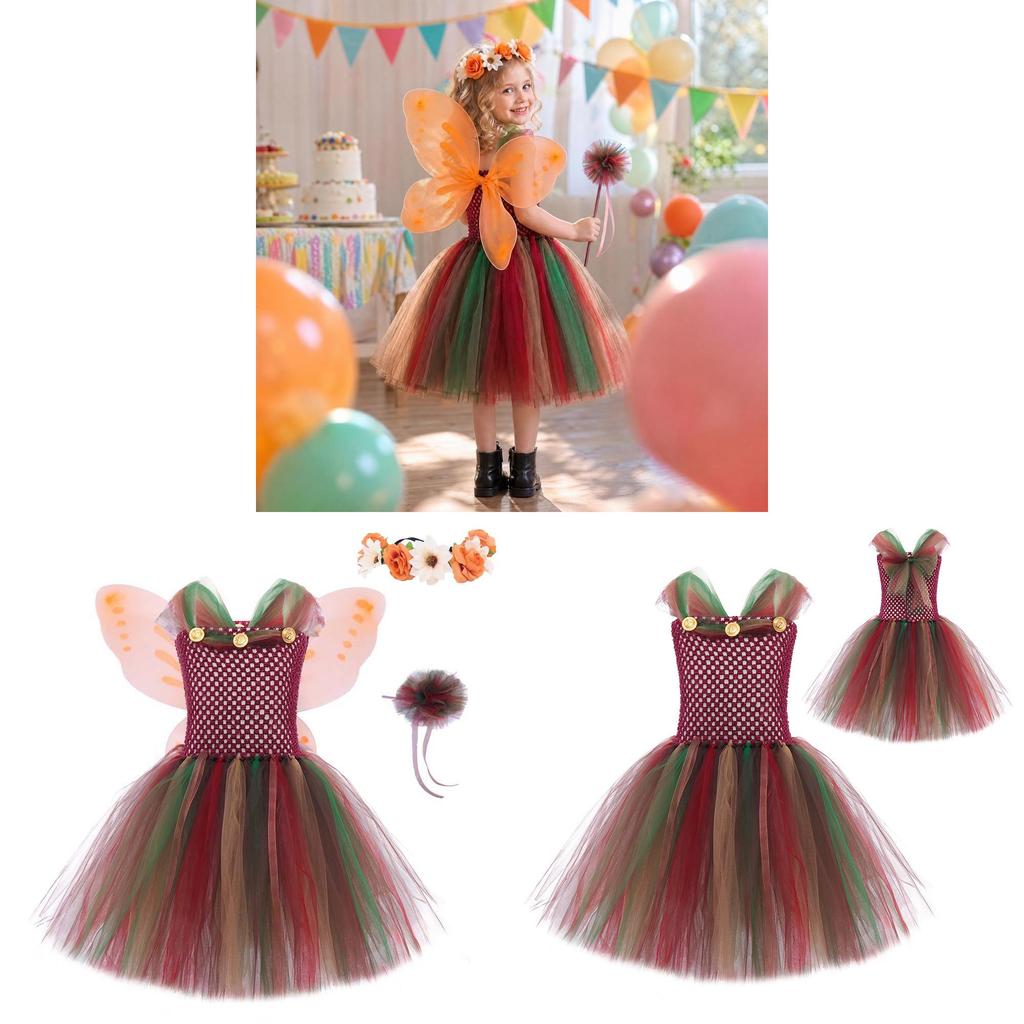 Forest Fairy Girl Costume Dress With Tulle Skirt Butterfly Wings Magic Wand For Toddler Girls