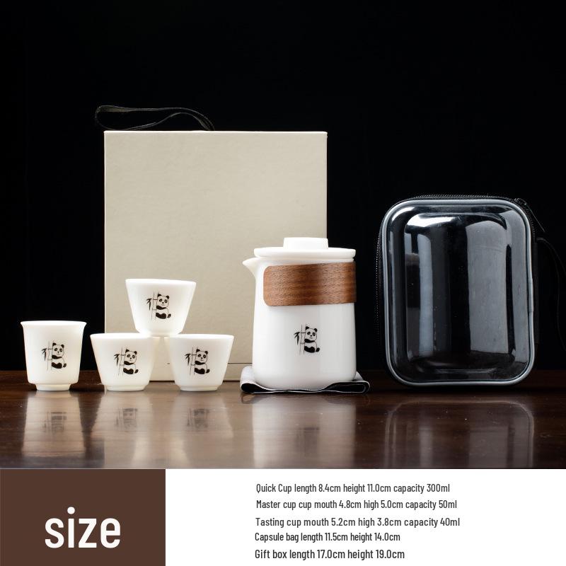 Premium Mutton Fat White Porcelain Panda Travel Tea Set - Portable Kung Fu Set with One Pot and Four Cups for Car, Outdoor, and Camping Use.