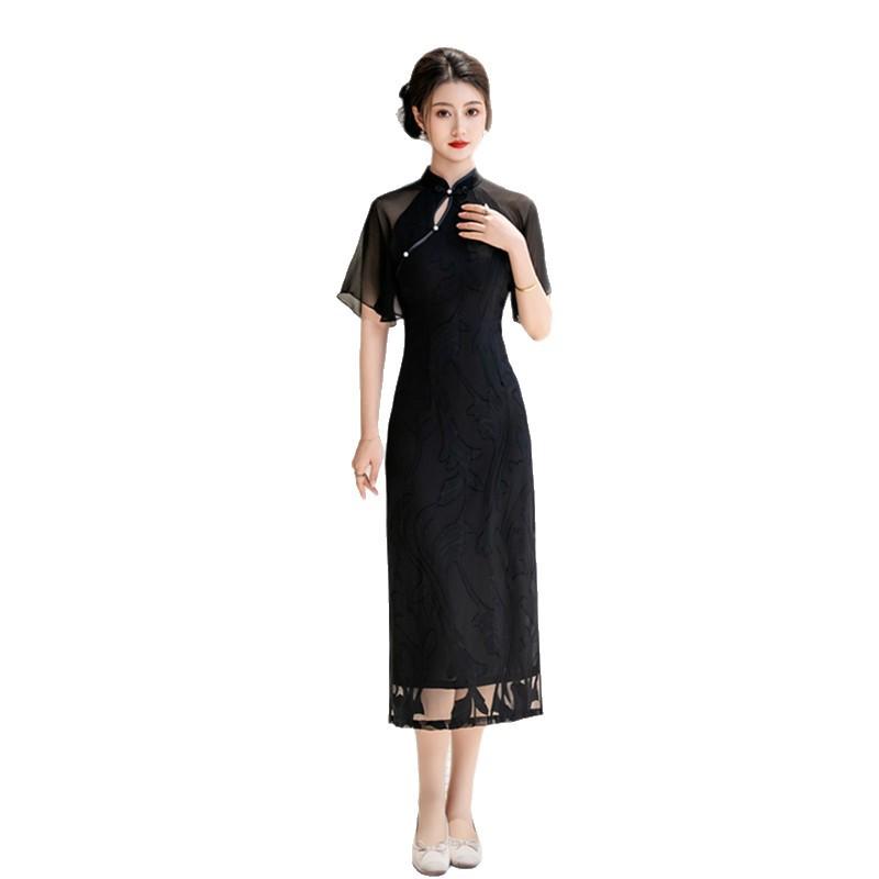 New Chinese chiffon inverted large-sleeved long black cheongsam 1011 summer new improved fashion young daily wear