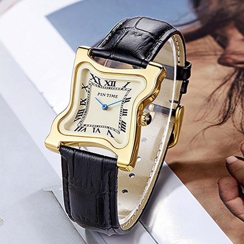 Y2K Goldene Uhren Retro Herren-Quarz-Armbanduhr Quadratische Schmelzende Uhr Römische Ziffern Stundenmarkierungen Unregelmäßige Unisex-Uhr