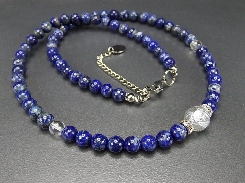 Lapis Lazuli Necklace Crystal Silver Dragon Hand Carved Natural Stone Stainless Steel Hardware 6mm Lapis Lazuli 10mm Crystal Silver Dragon [Ishigai]