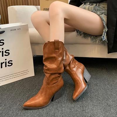 Mode Hohe Absätze Mid-Calf Plissierte Stiefel für Frauen Herbst Winter Braun PU Leder Westernstiefel Frau Dick Absatz Cowgirl Botas Mujer