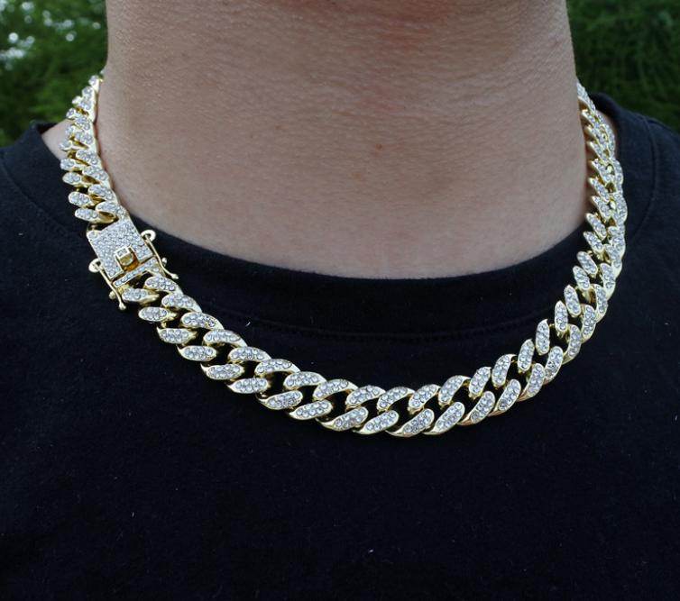 Iced Out Zircon Crystal Hip Hop 14K Gold 13MM Cuban Link Chain Necklace Zinc Alloy Rhodium Plated Unisex