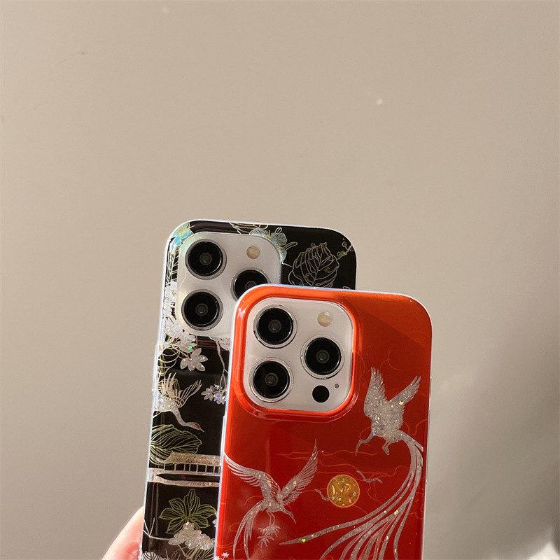 Husă de Telefon cu Sclipici Strălucitor Stil Chinezesc Peisaj Macarale Pentru iPhone 13 14 15 16 Pro Max Husă Moale