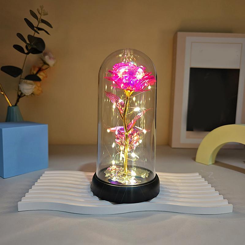 1 Set Light Up Wedding Galaxy Rose Decor Artificial Flowers Led Red Rose Valentine'S Day Gift Rose In Acrylic Cover Stand