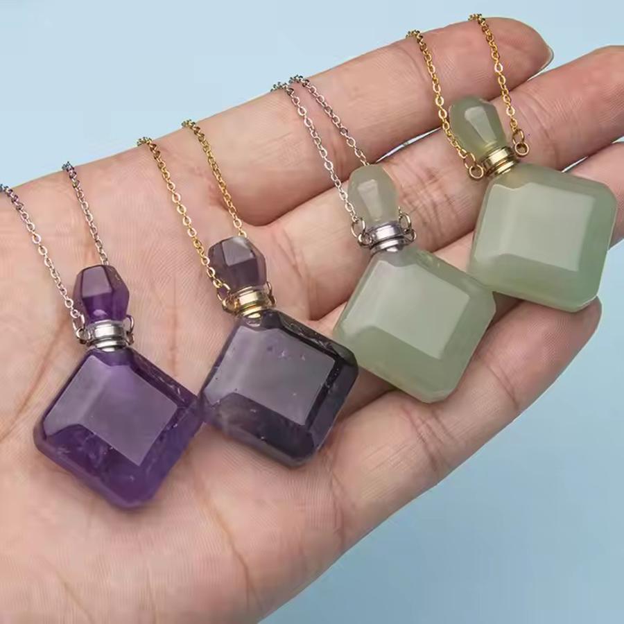 Natural crystal rhombus perfume bottle pendant necklace aromatherapy healing gemstone stainless steel necklace for women