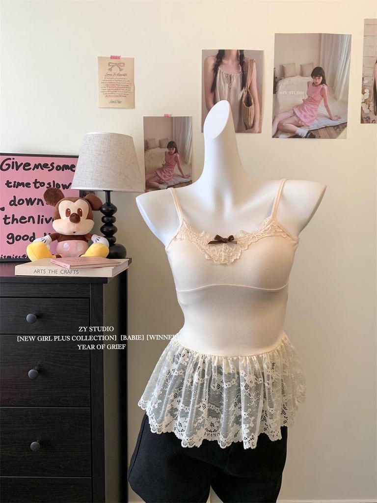 Women's Sweet French Bow Layered White Lace Camisole - Sleeveless Top for Autumn and Winter