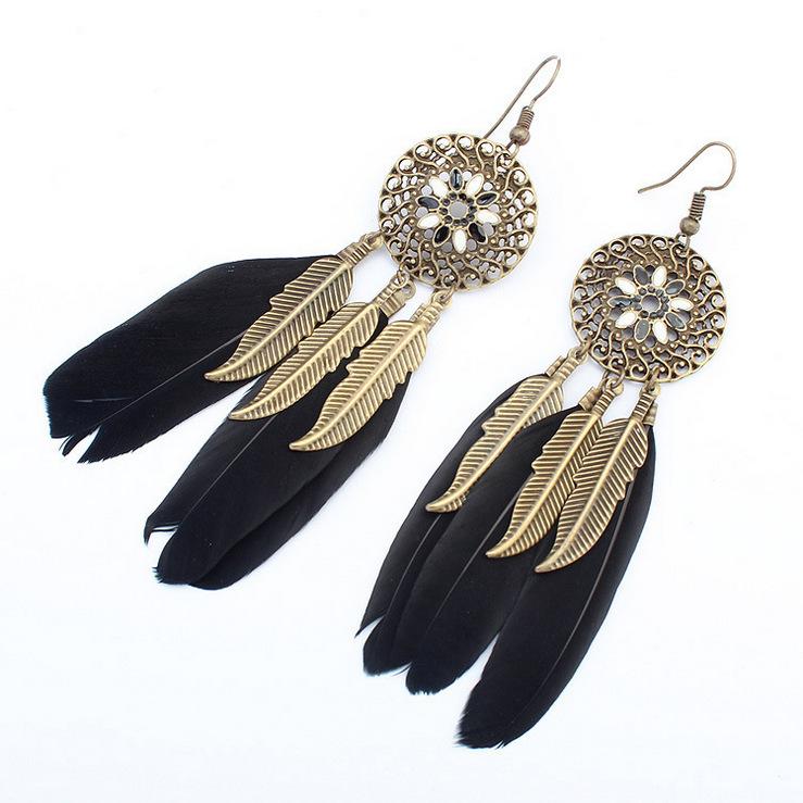 Wind Bohemian Painted Glazed Feather Fringed Earrings Fashion Temperament Women's Earrings Long Necklace Accessories