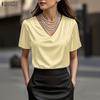 ZANZEA Blouse Décontractée à Col V Ample à Manches Courtes pour Femme