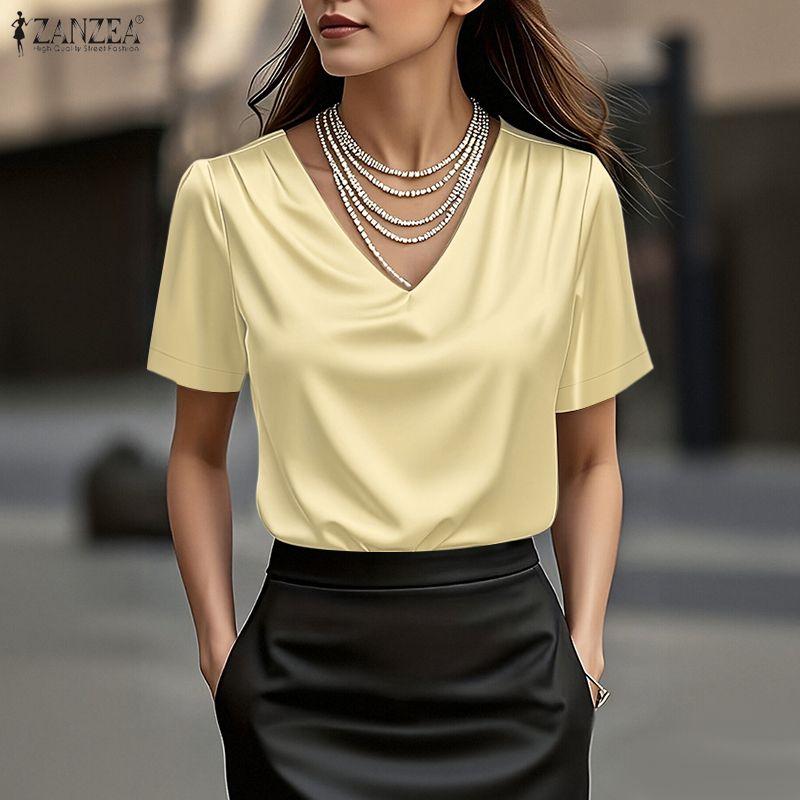 ZANZEA Blouse Décontractée à Col V Ample à Manches Courtes pour Femme