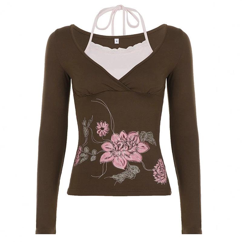 French girly neck strap floral print fake two-piece T-shirt slim and thin autumn new long-sleeved top