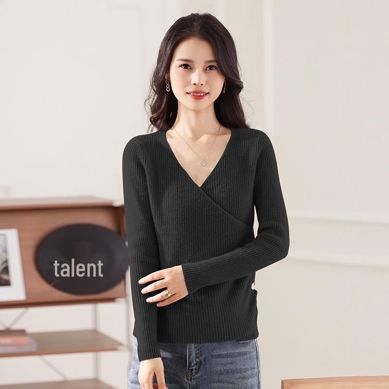 Women's V-Neck Pure Wool Sweater: Stylish Long Sleeve Knitwear for Autumn/Winter