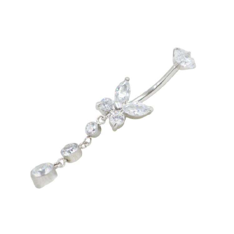 Fashionable Butterfly Belly Ring Stainless Steel Lightweight Body Jewelry With Shining Zircon Stones For Women