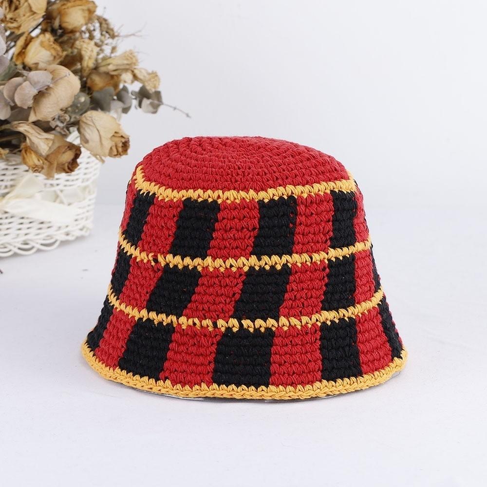 Crochet Striped Bucket Hat Thermal Panama Hat Casual Cold Cap Beach