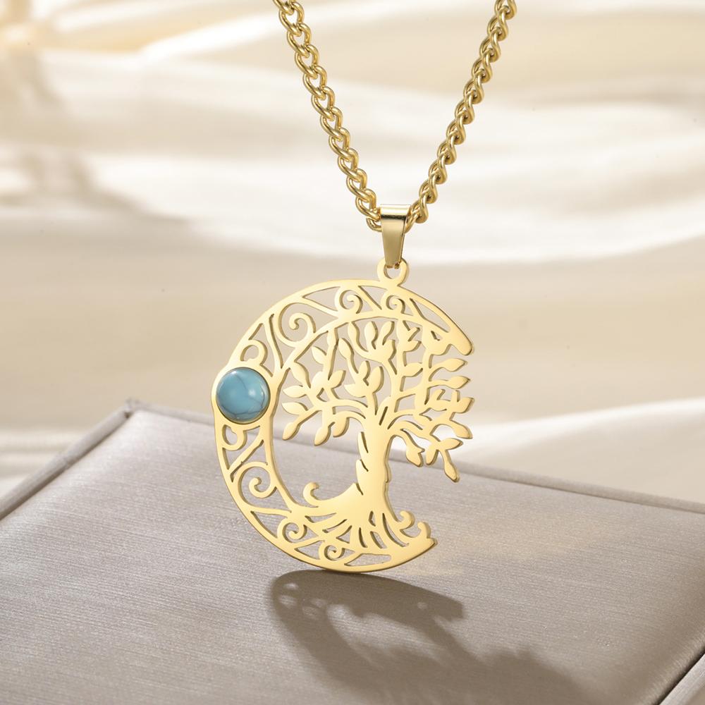 Dawapara Vintage Turquoise Crescent Moon Tree of Life Necklace Filigree Celtics Moon Wiccan Pendant Stainless Steel Jewelry