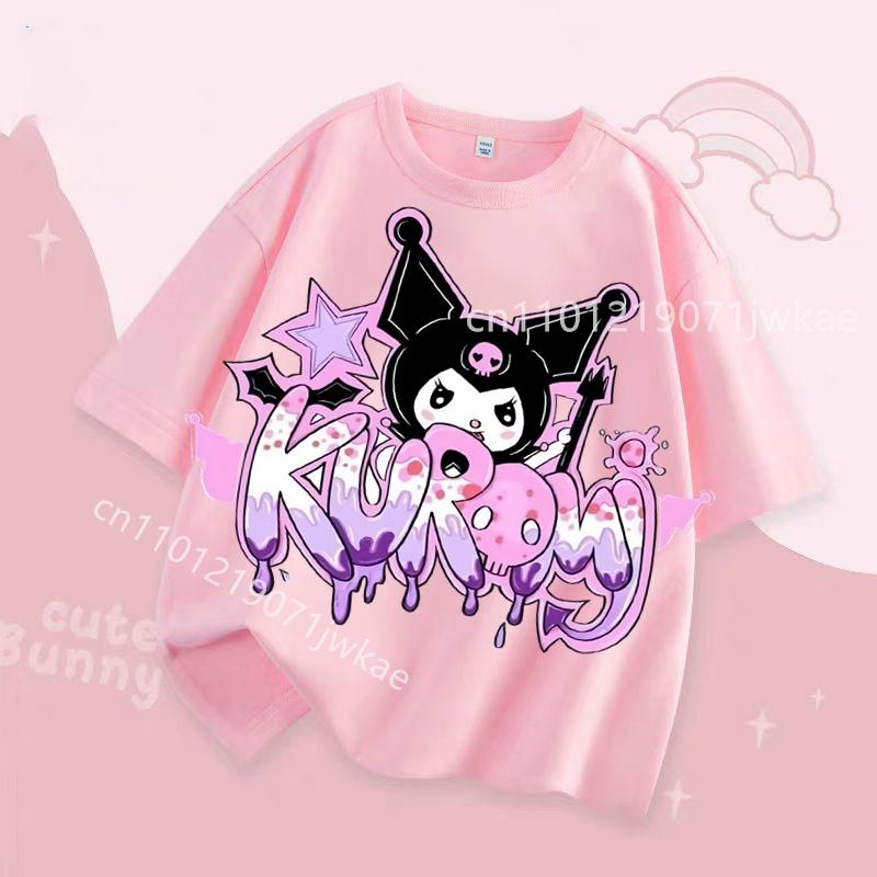 Kuromi Girl T Shirt Purple Cartoon Print Kids Tops Short Sleeve Tees Summer Breathable Cute Baby Casual Clothes Birthday Gifts