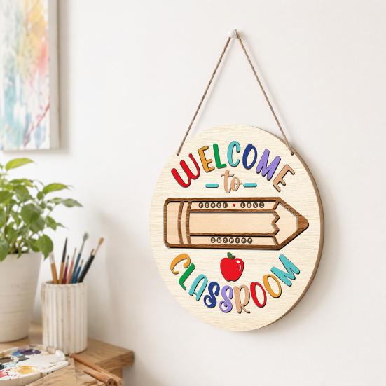 huaqianguhh Wooden Welcome Sign for Classroom Door, to Our Round Hanger, Front Door Hanging Sign, Back School Preschool Decoration