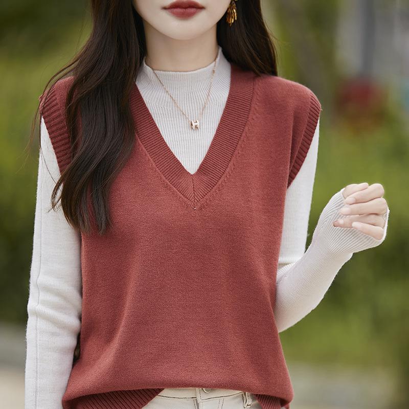 Vintage V-Ausschnitt Strickweste Damen Frühling und Herbst Oberbekleidung Einfarbig Casual Pullover Weste Schulter