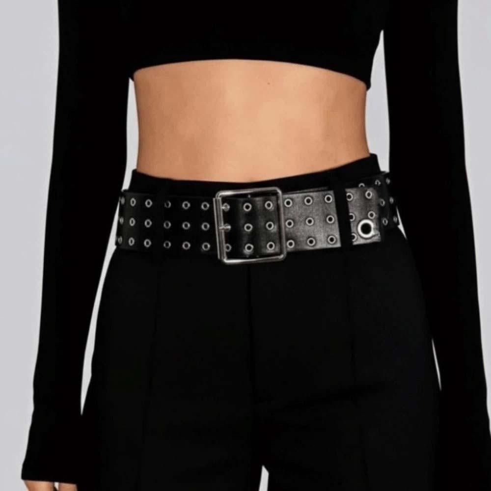 Personalized Design Hollow Rivet Wide Belt Three Row Needle Buckle Black Leather Waistbands  Party