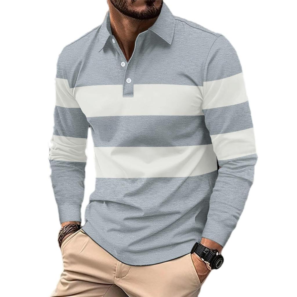 Men's Casual Lapel Striped Pullover Business Spliced Long Sleeve PO LO Shirt