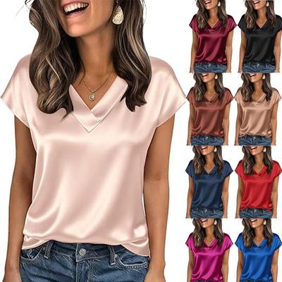 Women's Short Sleeve V-Neck Silk Feel Top