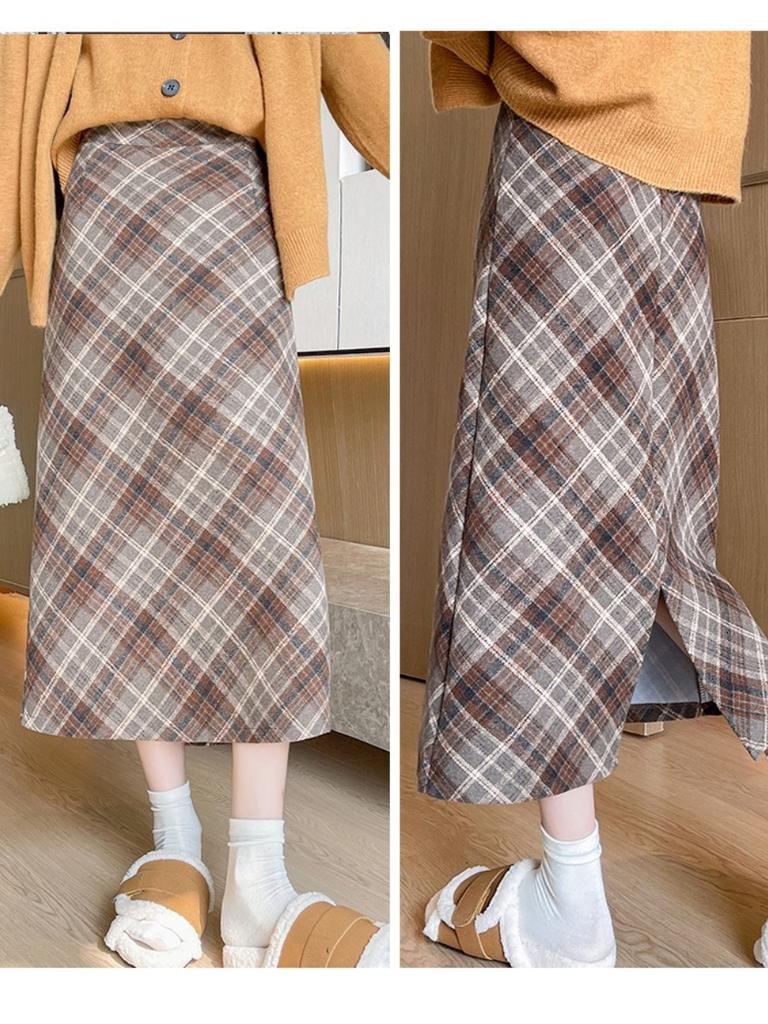 Woolen Hip Skirt Autumn and Winter New Long Skirt for Women All-match High Waist Slim A-line Retro Oblique Plaid Plaid Skirt