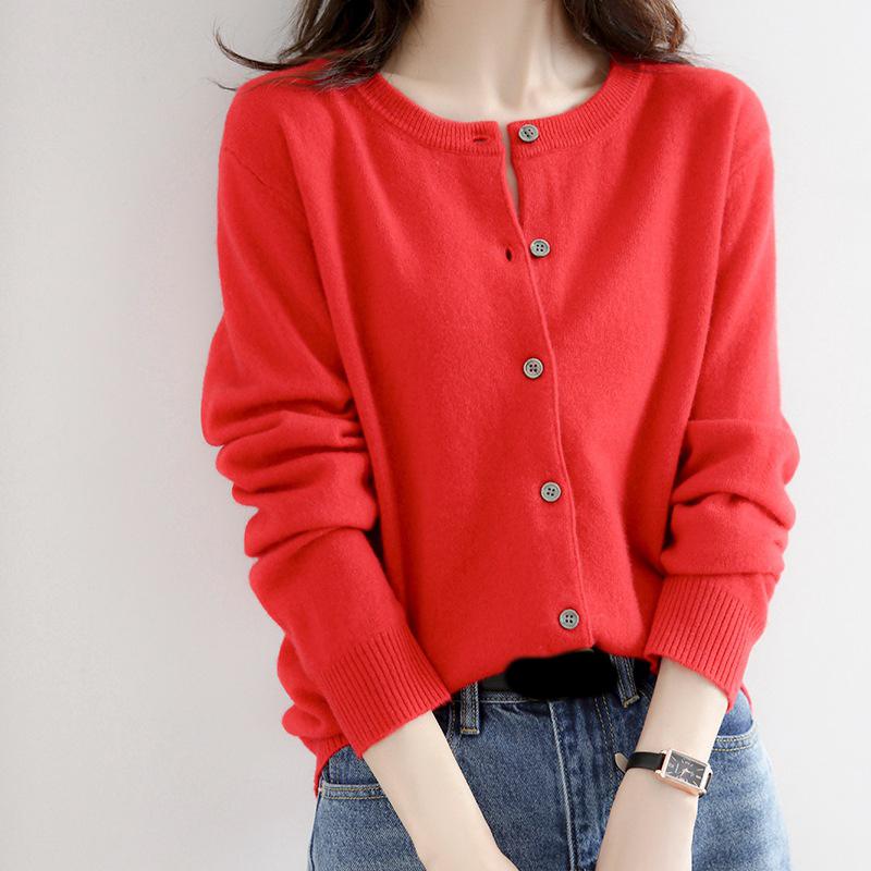 Women Single Breasted Chic Cardigan Fashion Solid Color Long Sleeve Round Neck Autumn Winter Sweater Casual Office Lady Jumpers