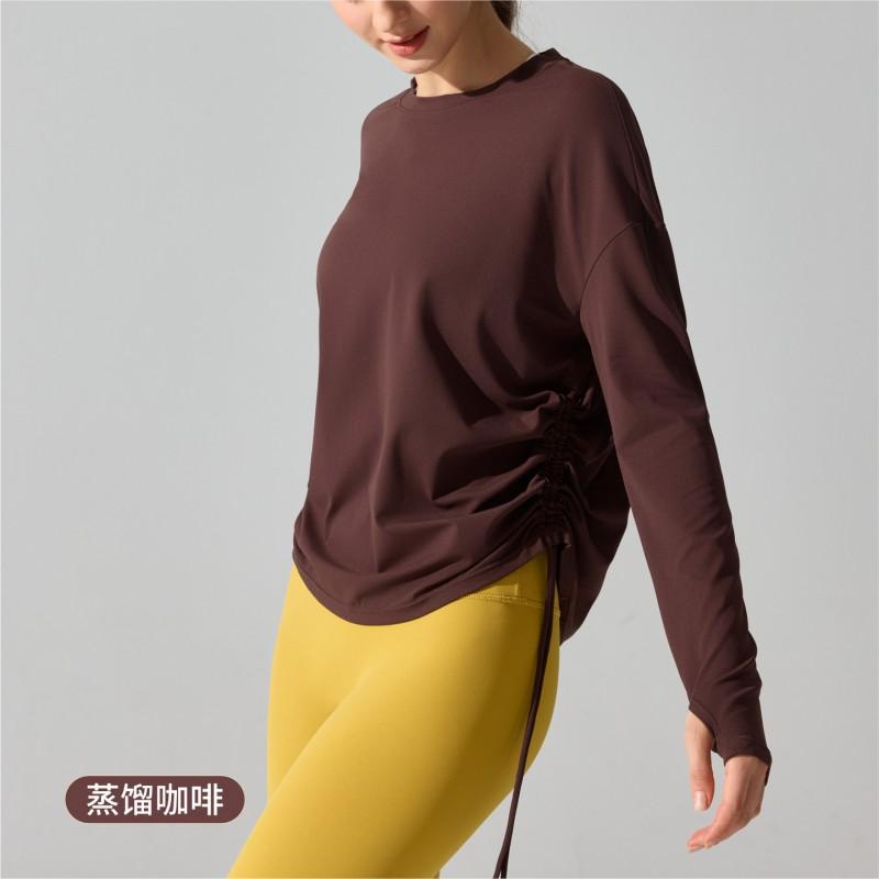 Womens Long Sleeve Workout Top With Drawstring Waist Breathable Quick-Dry Fitness Tee Running Yoga Casual Wear