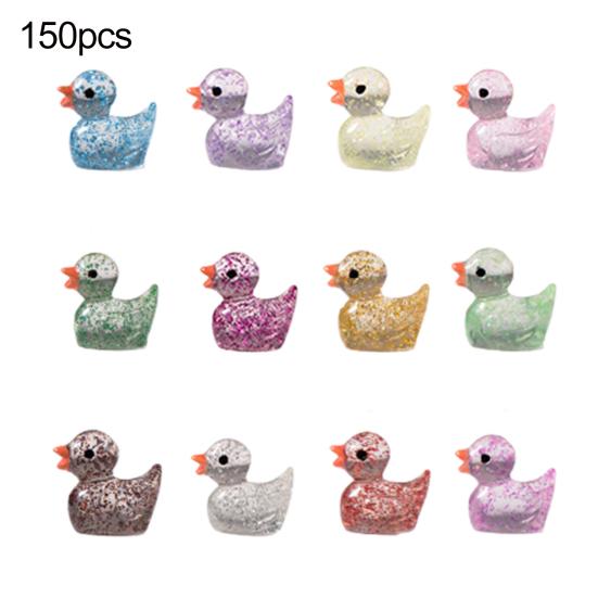 150Pcs Mini Glitter Duck Figurine Colorful Duck Resin Statue Miniature Animal Ornament Micro Landscape Dollhouse Fairy Garden Decoration Party Favors