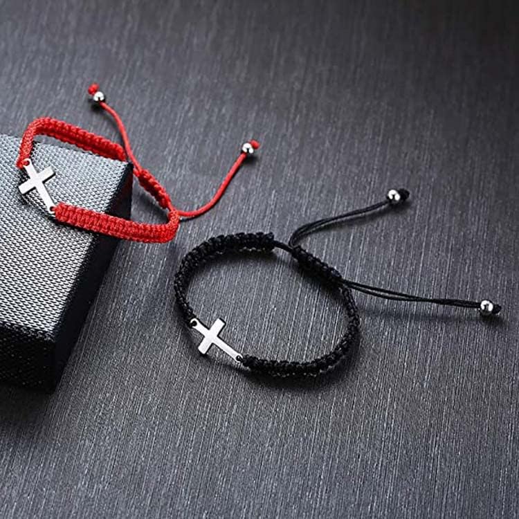 Fuqimanman2020 Red Black Cross String Bracelets Adjustable Cord Thread Stainless Steel Handmade Wish Lucky Protection Amuleat Prayer Religious