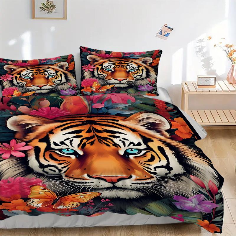

3pcs Tiger Floral Print Duvet Cover Set - Machine Washable, Includes 1 Cover and 2 Pillowcases, No Core Included yy251013011 135x200cm