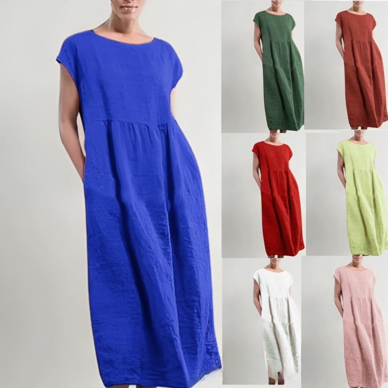 

Solid Color Sleeveless Loose Cotton Linen Pocket Women s Dress 2XL червоний