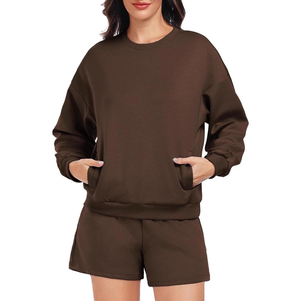 Women's Loose Tracksuit Long Sleeve Sweatshirt Elastic Waist Shorts Casual Loungewear Set
