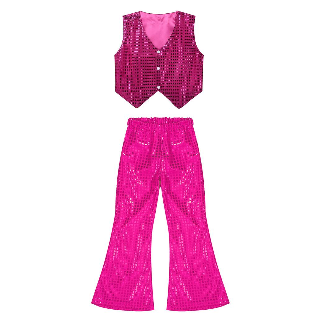 Kids Dance Costume Sparkly Sequined Waistcoat and Flowy Flared Pants Elastic Waistband Party Wear