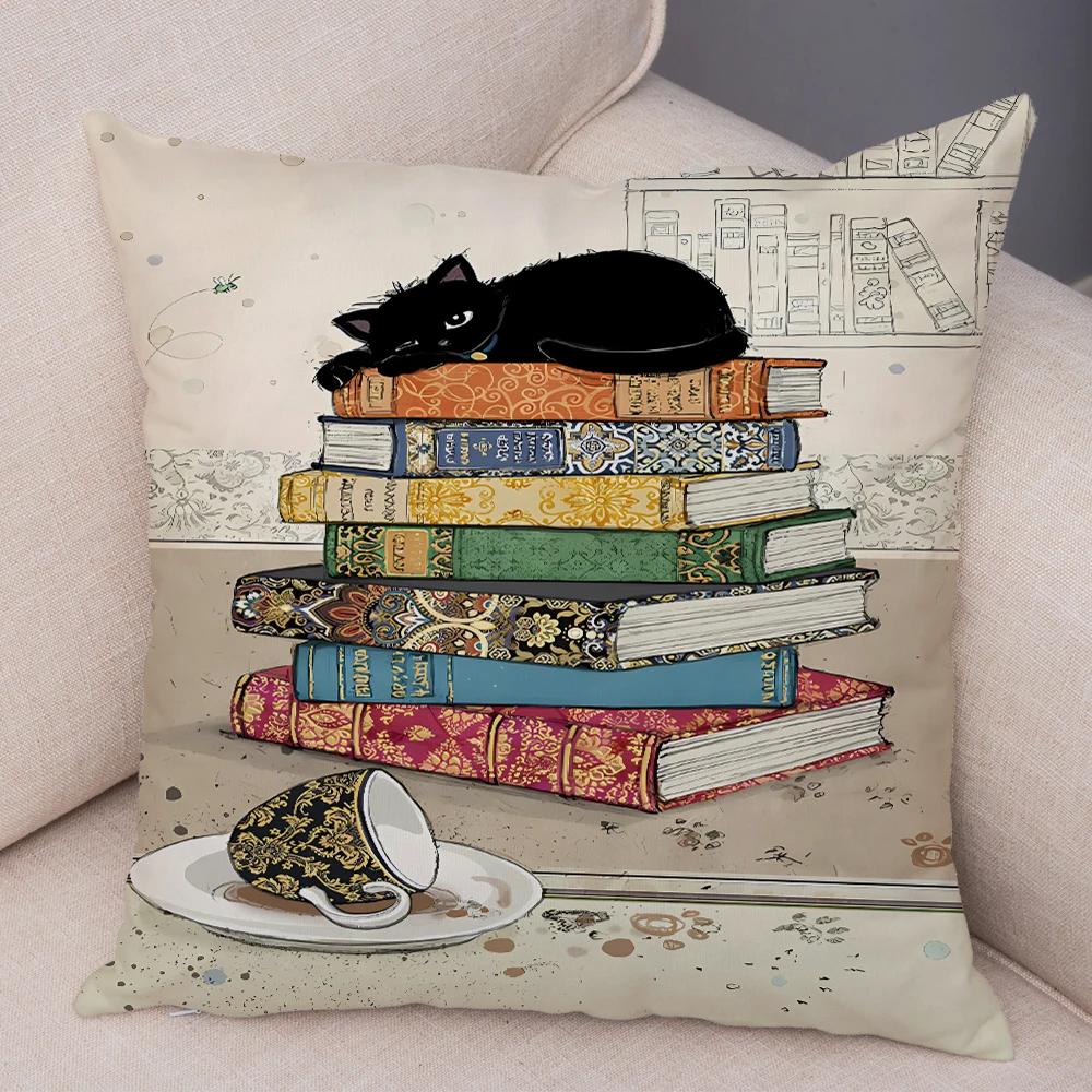 Double Print Cute Elegant Black Cat Cushion Cover Decor Cartoon Animal Pillow Case for Sofa Home Car Soft Plush Throw Pillowcase