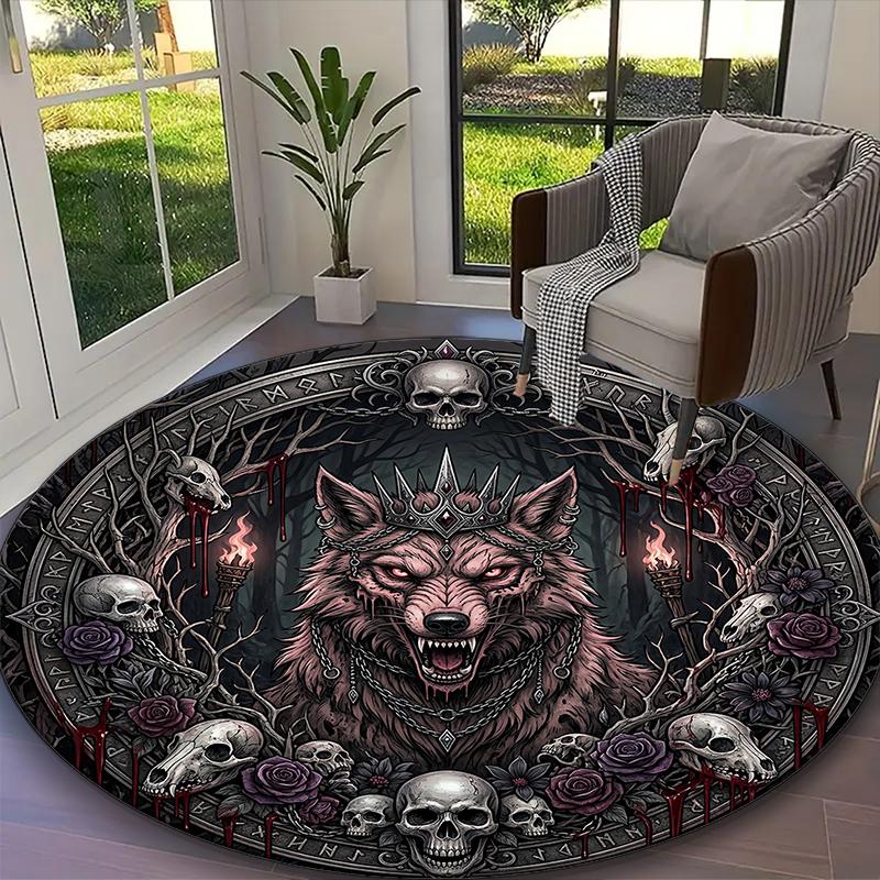 Gothic Crow Blood Skull Aura Carpet, Non-slip Office Chair Rug, Digital Print Home Round Rug, Unique Festival Decorations