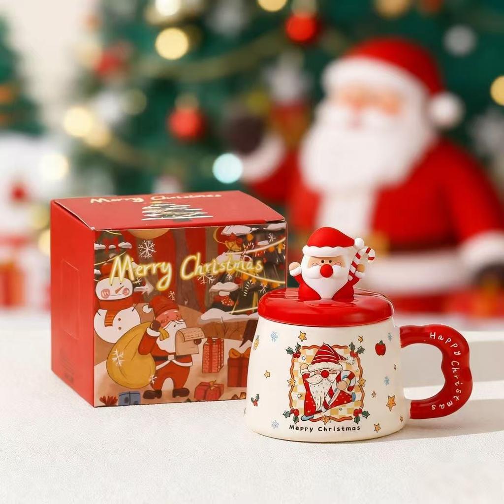 New Christmas Ceramic Cup with Lid Gift Box Cartoon Mug Cute Gingerbread Man Water Cup Set