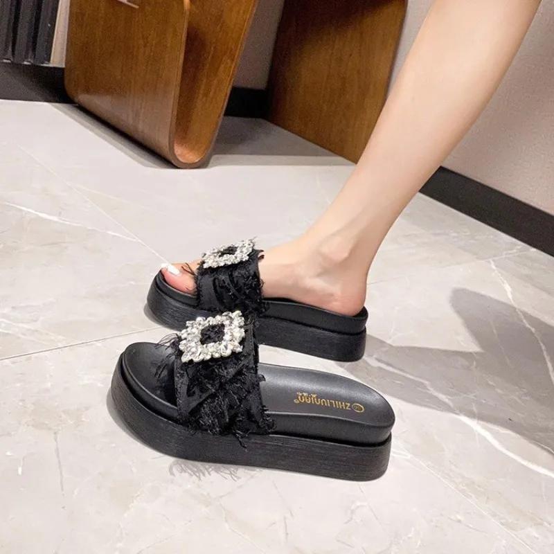 2024 rhinestone crystal buckle slippers women design crystal double flip flops female platform slides sandals big size 40