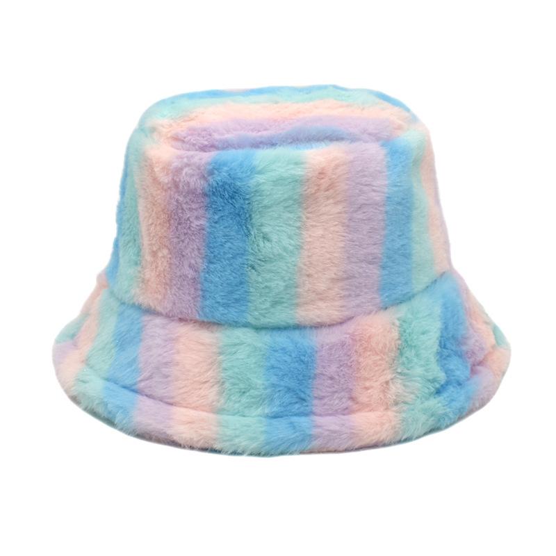Unisex Bucket Hat Striped Women Men Fishing Fisherman Hat Autumn Winter Faux Fur Wool Outdoor Warm Panama Cap