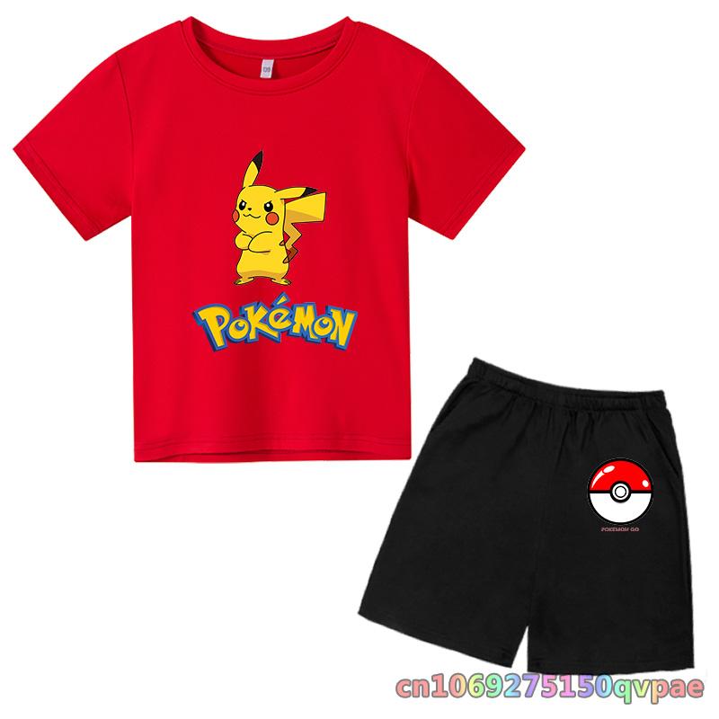 Children's Clothes Cartoon Summer Kids Animal Pokemon T-shirt Set Boys' Clothing  Leisure Cotton Pikachu Print Short Sleeve